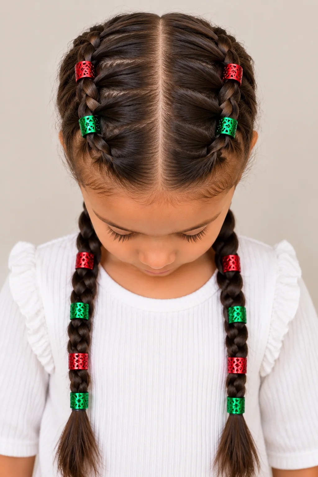 Two Christmas French braids decorated with red and green hair cuffs